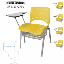 Cadeira Universitária Plástica Amarela Anatômica Com Porta Livros Base Prata 5 Unidades - ULTRA Móveis