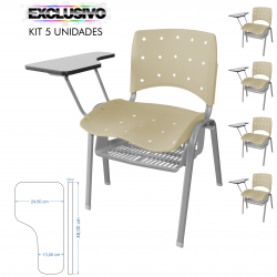 Cadeira Universitária Plástica Bege Anatômica Com Porta Livros Base Prata 5 Unidades - ULTRA Móveis