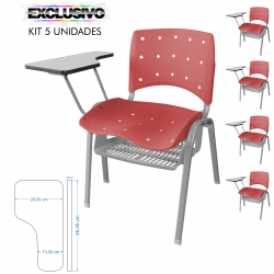 Cadeira Universitária Plástica Cereja Anatômica Com Porta Livros Base Prata 5 Unidades - ULTRA Móveis