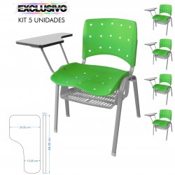 Cadeira Universitária Plástica Verde Anatômica Com Porta Livros Base Prata 5 Unidades - ULTRA Móveis