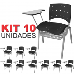 Cadeira Universitária Plástica Preta Anatômica Com Porta Livros Base Prata 10 Unidades - ULTRA Móveis