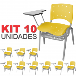 Cadeira Universitária Plástica Amarela Anatômica Com Porta Livros Base Prata 10 Unidades - ULTRA Móveis