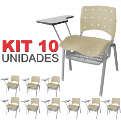 Cadeira Universitária Plástica Bege Anatômica Com Porta Livros Base Prata 10 Unidades - ULTRA Móveis
