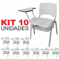 Cadeira Universitária Plástica Branca Anatômica Com Porta Livros Base Prata 10 Unidades - ULTRA Móveis