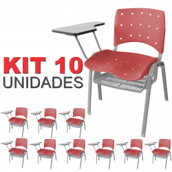 Cadeira Universitária Plástica Cereja Anatômica Com Porta Livros Base Prata 10 Unidades - ULTRA Móveis