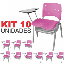 Cadeira Universitária Plástica Rosa Anatômica Com Porta Livros Base Prata 10 Unidades - ULTRA Móveis