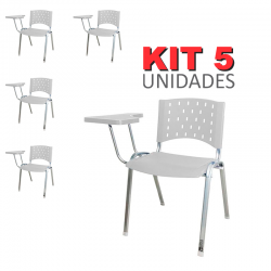 Cadeira Universitária Plástica Branca Base Prata 5 Unidades Prancheta Plástica - ULTRA Móveis