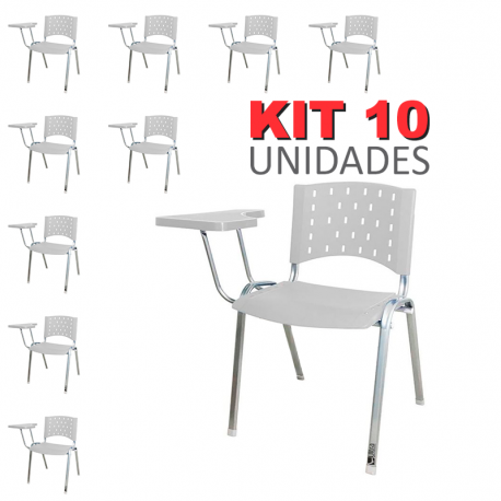 Cadeira Universitária Plástica Branca Base Prata 10 Unidades Prancheta Plástica - ULTRA Móveis