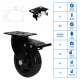 KIT Rodízio 3 Polegadas GLA 312 Onix Preto 70kg