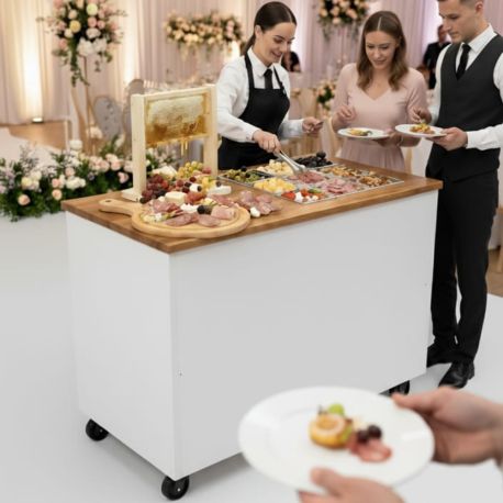BALCÃO GOURMET PETISCO APERITIVO PORTÁTIL - BRANCO E AMADEIRADO
