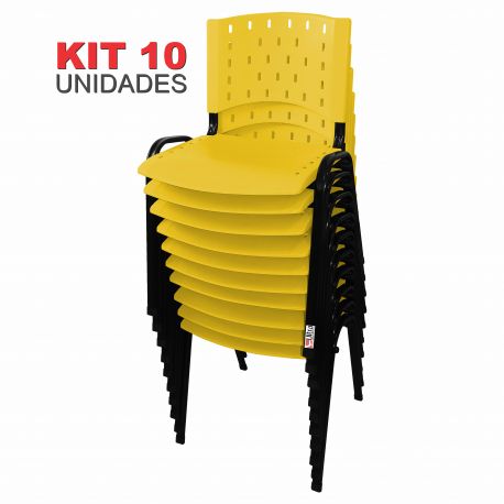 KIT 10 UNIDADES CADEIRA FIXA EMPILHÁVEL SINGOLARE ASSENTO ENCOSTO PLÁSTICO AMARELO