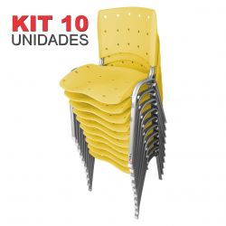 KIT 10 UNIDADES CADEIRAS ANATÔMICA EMPILHÁVEL PRATA ERGOPLAX ASSENTO ENCOSTO PLÁSTICO AMARELO