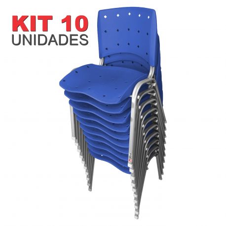 KIT 10 UNIDADES CADEIRAS ANATÔMICA EMPILHÁVEL PRATA ERGOPLAX ASSENTO ENCOSTO PLÁSTICO AZUL