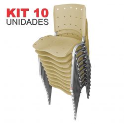 KIT 10 UNIDADES CADEIRAS ANATÔMICA EMPILHÁVEL PRATA ERGOPLAX ASSENTO ENCOSTO PLÁSTICO BEGE