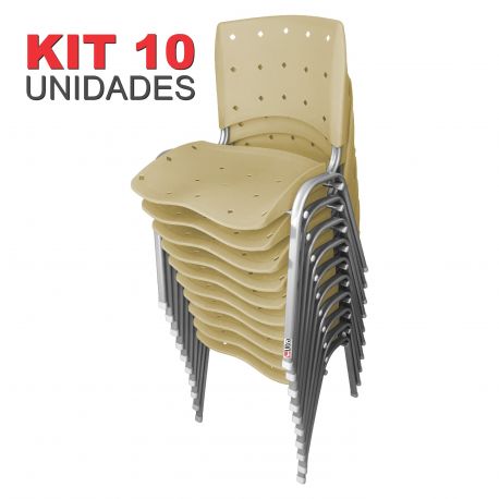 KIT 10 UNIDADES CADEIRAS ANATÔMICA EMPILHÁVEL PRATA ERGOPLAX ASSENTO ENCOSTO PLÁSTICO BEGE