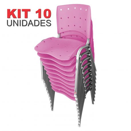 KIT 10 UNIDADES CADEIRAS ANATÔMICA EMPILHÁVEL PRATA ERGOPLAX ASSENTO ENCOSTO PLÁSTICO ROSA