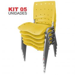 Kit 05 Unidades Cadeira Fixa Anatômica Ergoplax Amarelo Estrutura Prata