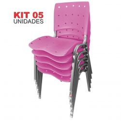 Kit 05 Unidades Cadeira Fixa Anatômica Ergoplax Rosa Estrutura Prata