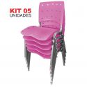Cadeira Empilhável Plástica Rosa Anatômica Base Prata 5 Unidades - ULTRA Móveis