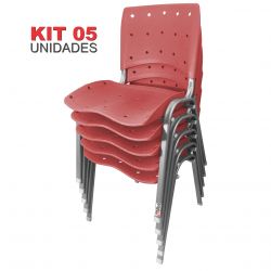 Kit 05 Unidades Cadeira Fixa Anatômica Ergoplax Vermelho Estrutura Prata
