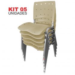 Kit 05 Unidades Cadeira Fixa Anatômica Ergoplax Bege Estrutura Prata