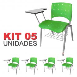Cadeira Universitária Plástica Verde Anatômica Com Porta Livros Base Prata 5 Unidades - ULTRA Móveis