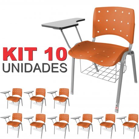 Cadeira Universitária Plástica Laranja Anatômica Com Porta Livros Base Prata 10 Unidades - ULTRA Móveis