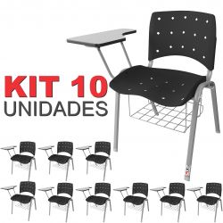 Cadeira Universitária Plástica Preta Anatômica Com Porta Livros Base Prata 10 Unidades - ULTRA Móveis