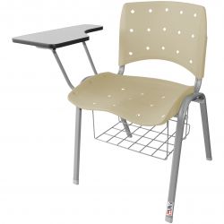 Cadeira Universitária Plástica Bege Anatômica Com Porta Livros Base Prata - ULTRA Móveis