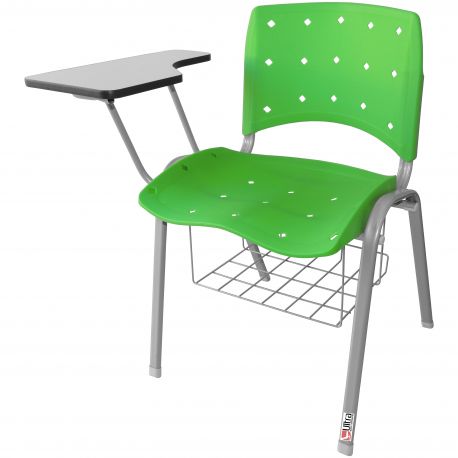 Cadeira Universitária Plástica Verde Anatômica Com Porta Livros Base Prata - ULTRA Móveis
