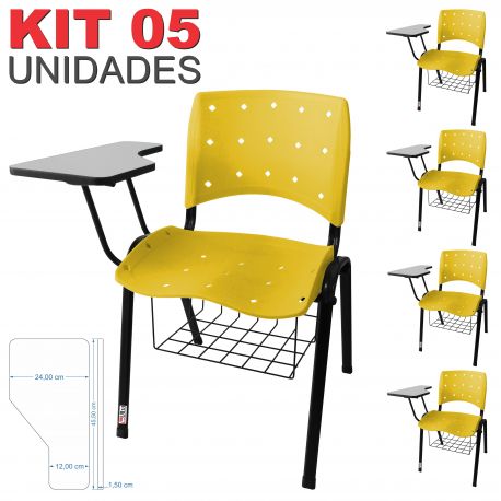 Cadeira Universitária Plástica Amarela Anatômica Com Porta Livros 5 Unidades - ULTRA Móveis