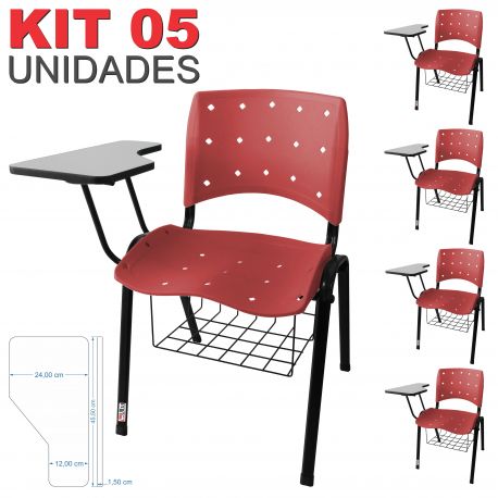 Cadeira Universitária Plástica Cereja Anatômica Com Porta Livros 5 Unidades - ULTRA Móveis