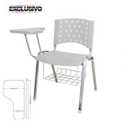 Cadeira Universitária Plástica Branca Com Porta Livros Base Prata Prancheta Plástica - ULTRA Móveis