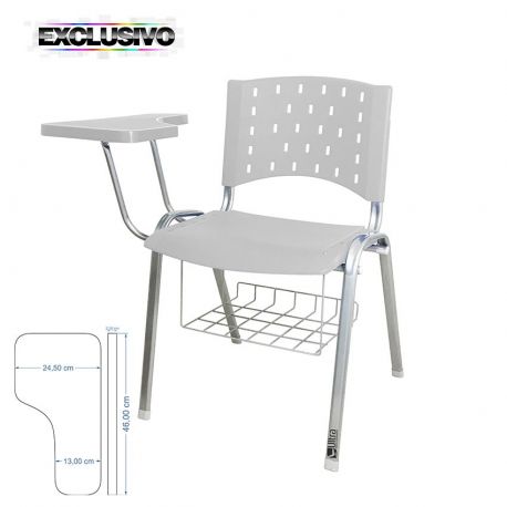 Cadeira Universitária Plástica Branca Com Porta Livros Base Prata Prancheta Plástica - ULTRA Móveis