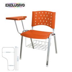 Cadeira Universitária Plástica Laranja Com Porta Livros Base Prata Prancheta Plástica - ULTRA Móveis