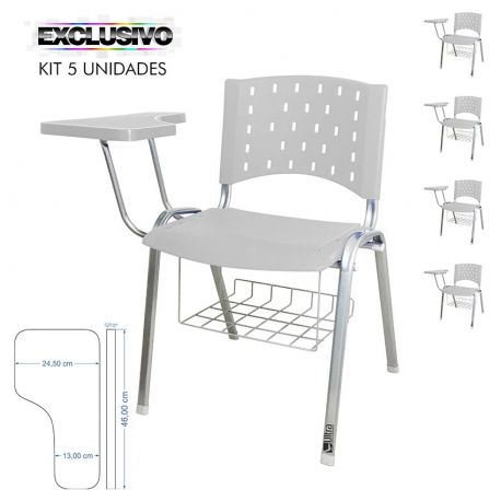 Cadeira Universitária Plástica Branca Com Porta Livros Base Prata 5 Unidades Prancheta Plástica - ULTRA Móveis