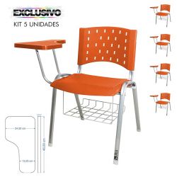 Cadeira Universitária Plástica Laranja Com Porta Livros Base Prata 5 Unidades Prancheta Plástica - ULTRA Móveis