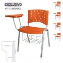 Cadeira Universitária Plástica Laranja Com Porta Livros Base Prata 5 Unidades Prancheta Plástica - ULTRA Móveis