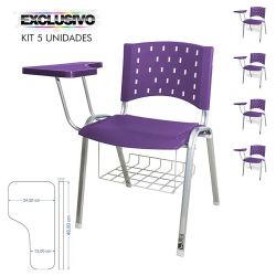 Cadeira Universitária Plástica Lilás Com Porta Livros Base Prata 5 Unidades Prancheta Plástica - ULTRA Móveis