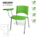 Cadeira Universitária Plástica Verde Com Porta Livros Base Prata 5 Unidades Prancheta Plástica - ULTRA Móveis