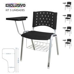 Cadeira Universitária Plástica Preta Com Porta Livros Base Prata 5 Unidades Prancheta Plástica - ULTRA Móveis