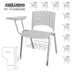 Cadeira Universitária Plástica Branca Com Porta Livros Base Prata 10 Unidades Prancheta Plástica - ULTRA Móveis
