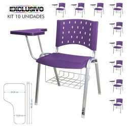 Cadeira Universitária Plástica Lilás Com Porta Livros Base Prata 10 Unidades Prancheta Plástica - ULTRA Móveis