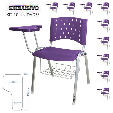 Cadeira Universitária Plástica Lilás Com Porta Livros Base Prata 10 Unidades Prancheta Plástica - ULTRA Móveis