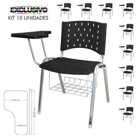 Cadeira Universitária Plástica Preta Com Porta Livros Base Prata 10 Unidades Prancheta Plástica - ULTRA Móveis