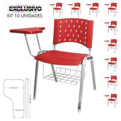 Cadeira Universitária Plástica Vermelha Com Porta Livros Base Prata 10 Unidades Prancheta Plástica - ULTRA Móveis